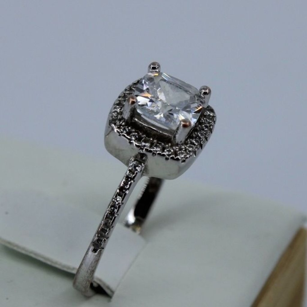 Sterling Silver Cushian Solitaire Cz Halo Size 5.5